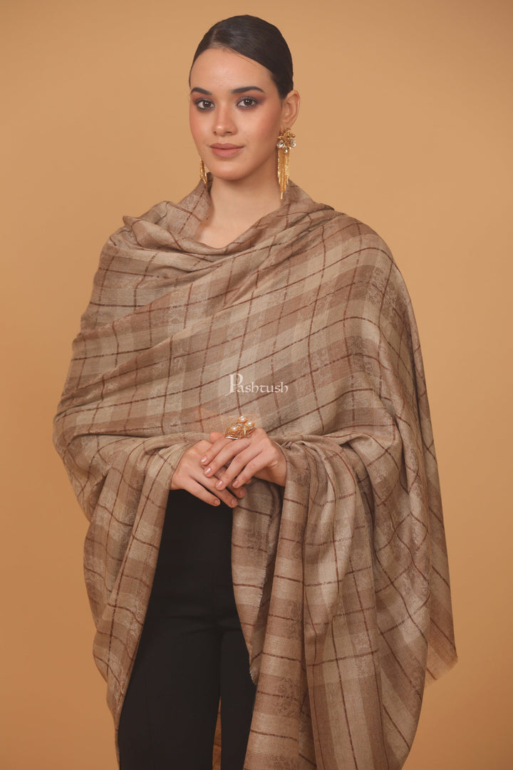 Pashtush India Womens Stoles and Scarves Scarf Pashtush womens Extra Fine Wool shawl, PASILEY WEAVE design, Taupe