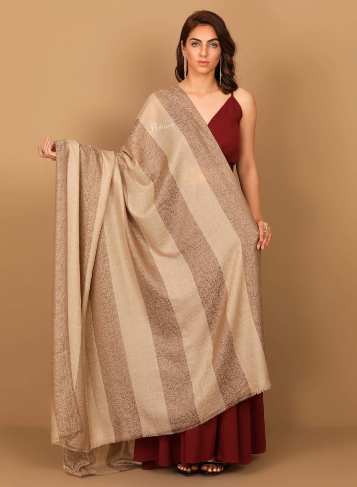 Pashtush Shawl Store Shawl Pashtush Womens Extra Fine Wool Shawl, Soft and Warm, Striped Beige, Large Size