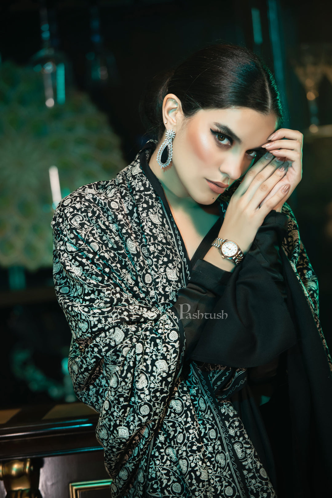 Pashtush India Womens Shawls Pashtush womens Extra Fine Wool Shawl, tone on tone embroidery design, Black