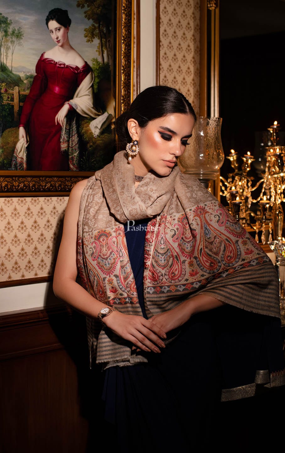 Pashtush India Womens Shawls Pashtush womens Extra Fine Wool shawl, With Embroidered Ethnic Palla design, Beige
