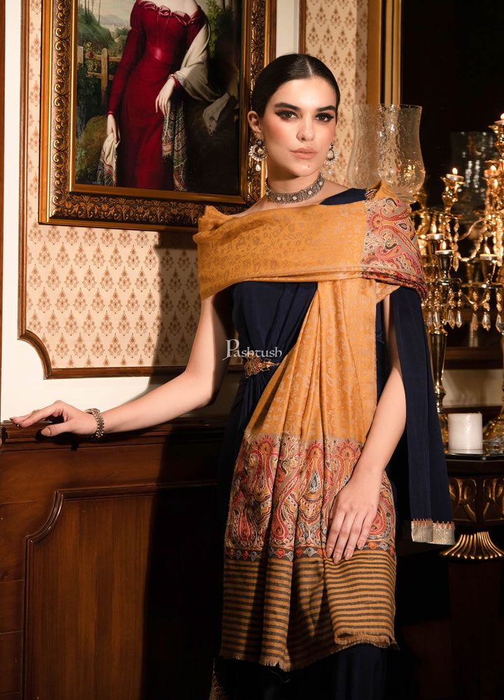 Pashtush India Womens Shawls Pashtush womens Extra Fine Wool shawl, With Embroidered Ethnic Palla design, Mustard