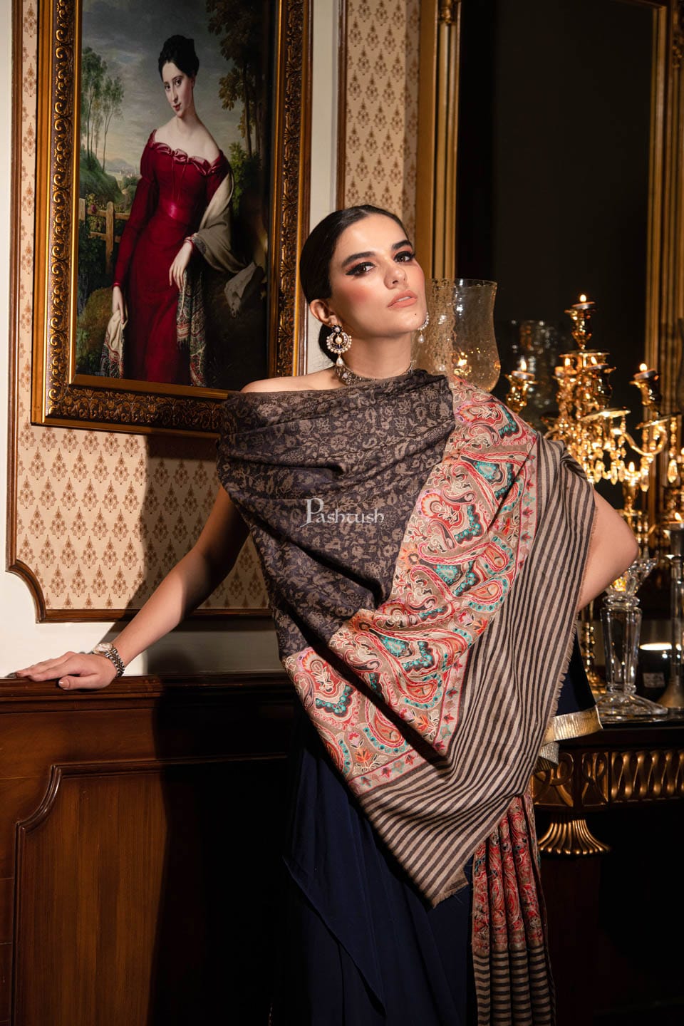 Pashtush womens Fine Wool shawl, nalki embroidery design