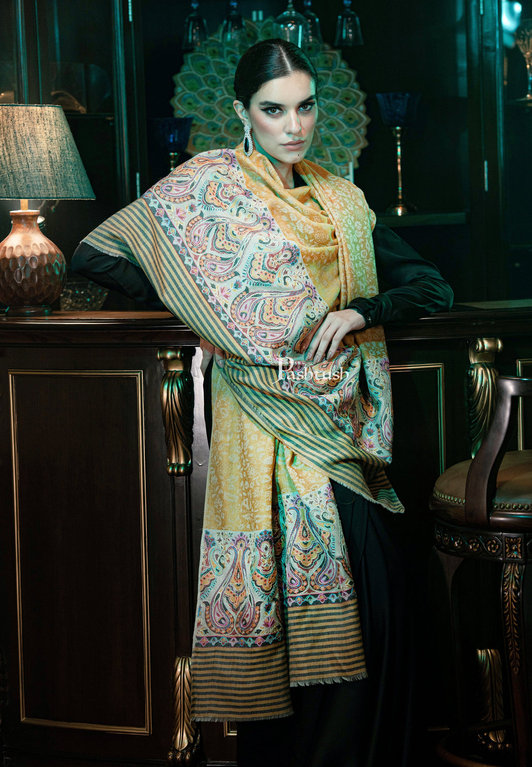 Pashtush India Womens Shawls Pashtush womens Extra Fine Wool shawl, With Embroidered Ethnic Palla design, Yellow