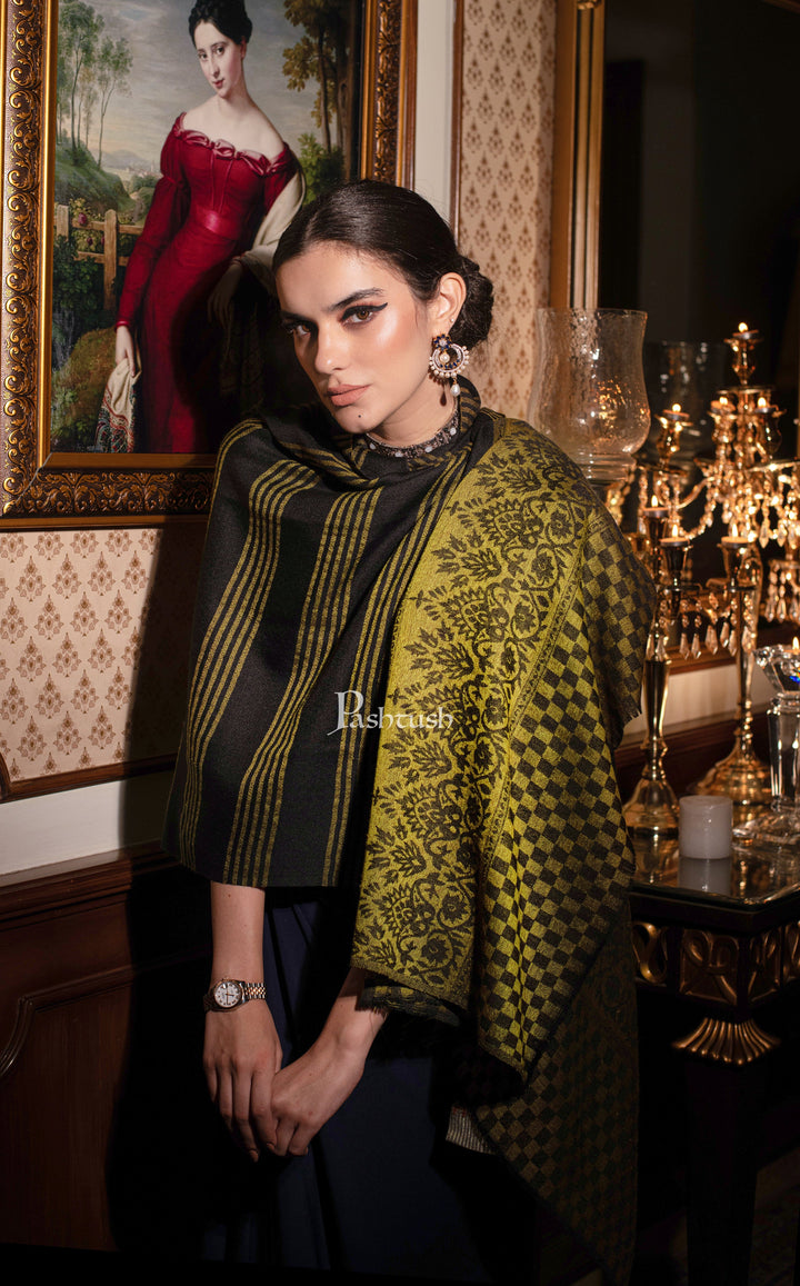 Pashtush India Womens Stoles and Scarves Scarf Pashtush womens Extra Fine Wool Stole, check design, Black And Mustard