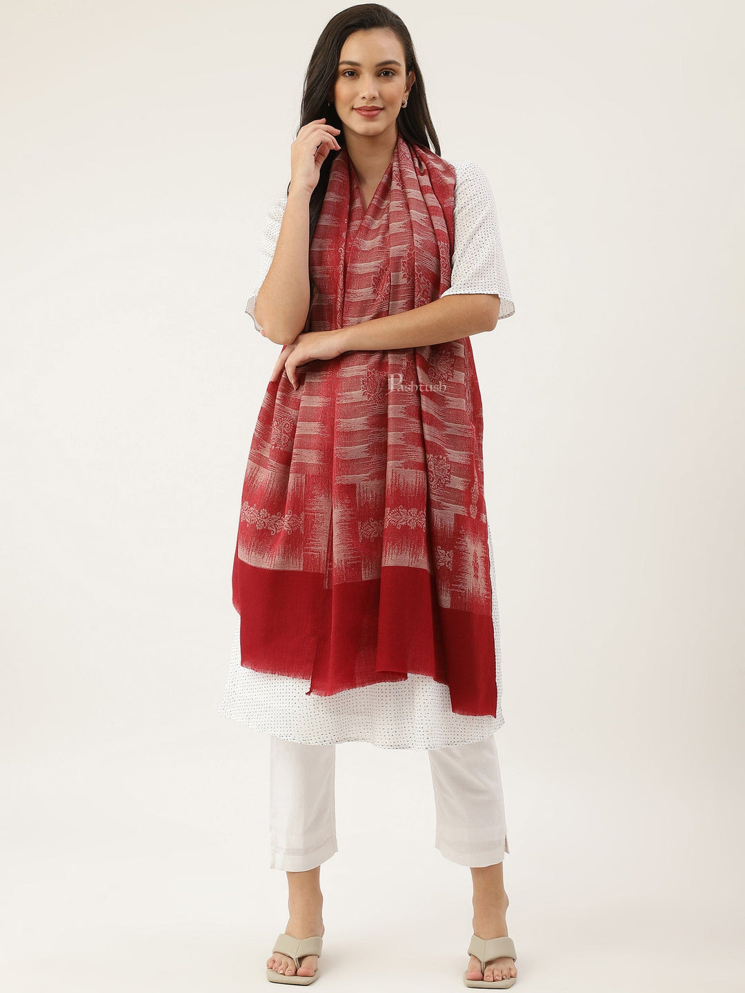 Pashtush India Womens Stoles and Scarves Scarf Pashtush womens Extra Fine Wool Stole, ikkat design, Maroon