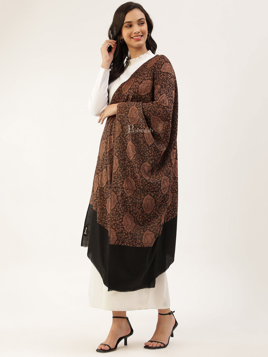 Pashtush India Womens Stoles and Scarves Scarf Pashtush Womens Extra Fine Wool stole, jacquard design, Black