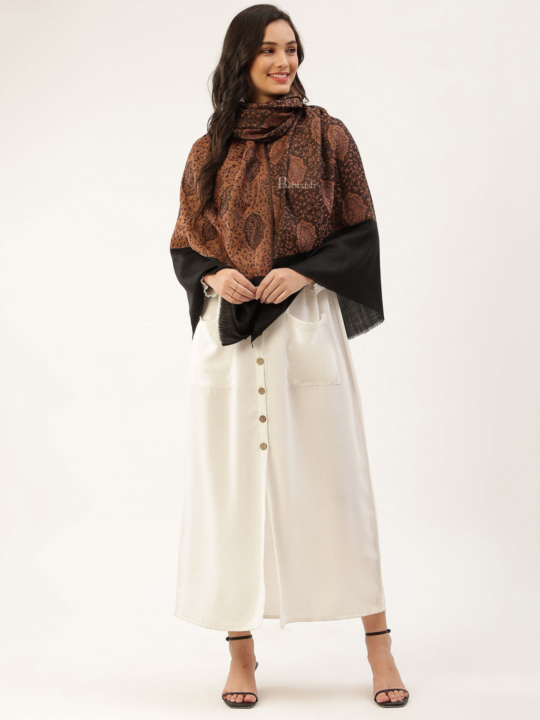 Pashtush India Womens Stoles and Scarves Scarf Pashtush Womens Extra Fine Wool stole, jacquard design, Black