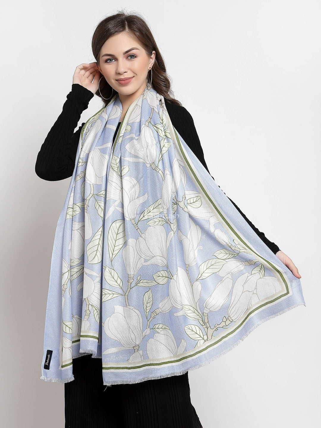 Pashtush India Womens Stoles and Scarves Scarf Pashtush Womens Extra Soft Bamboo Scarf, Printed Delicate Florals, Alice Blue