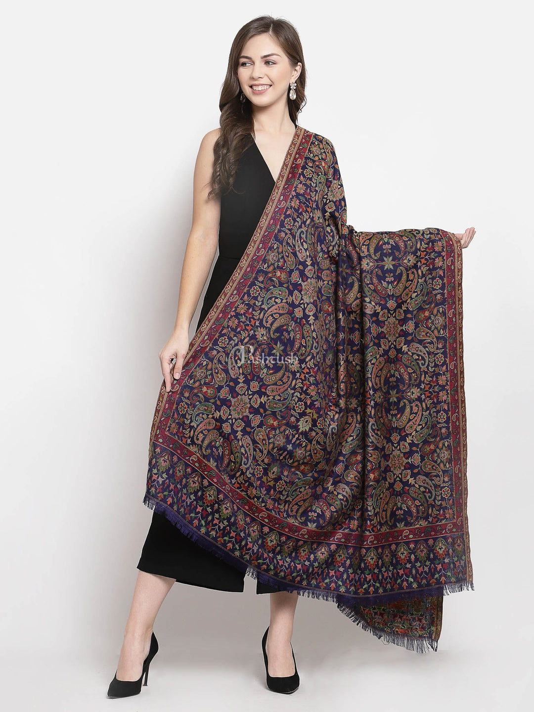 Pashtush India Womens Shawls Pashtush Womens Faux Pashmina, Ethnic Weave Shawl, Navy Blue