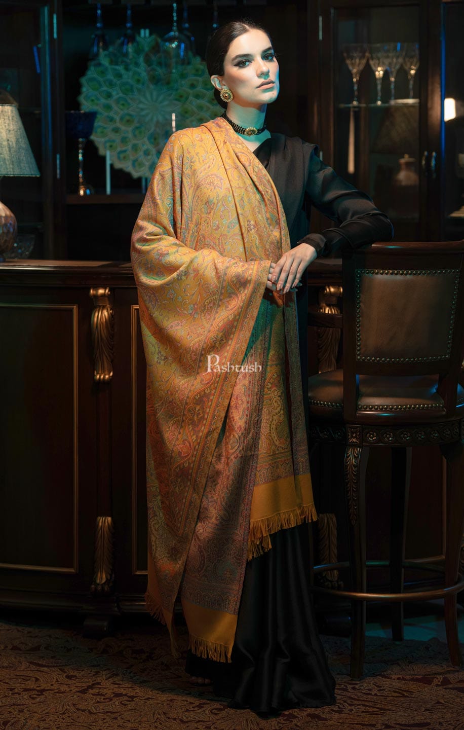 Pashtush India Womens Shawls Pashtush womens Faux Pashmina shawl, Jamawar design, Mustard