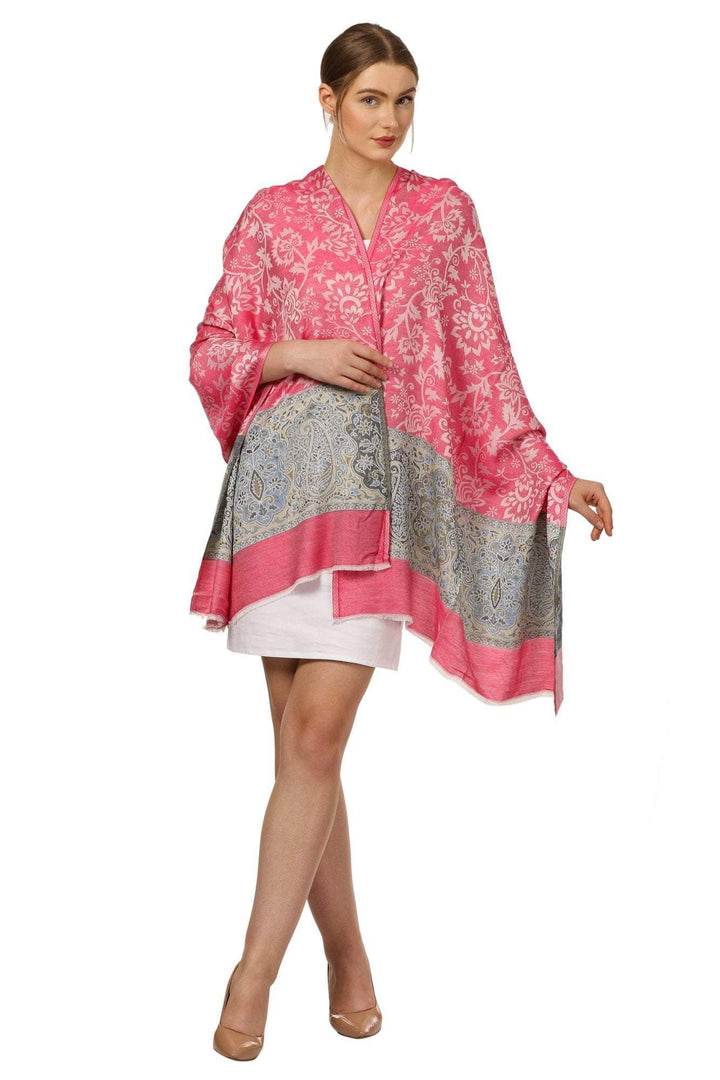 Pashtush India 70x200 Pashtush Womens Fine Bamboo Jacquard Scarf, Reversible, Multicoloured - Flamingo Pink