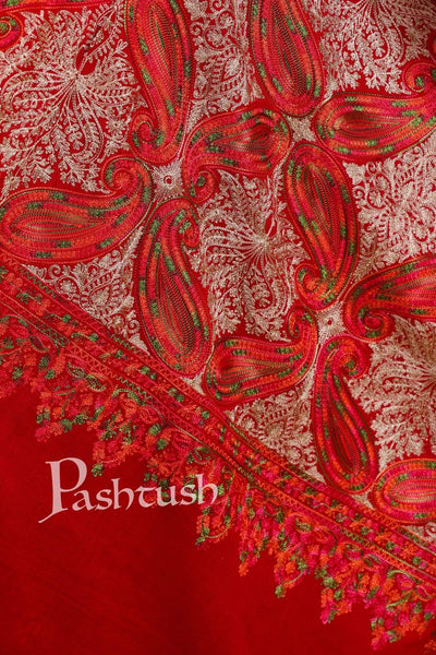 Pashtush India 70x200 Pashtush Womens Fine Count, Silky Thread Nalki Embroidery Stole, Crimson