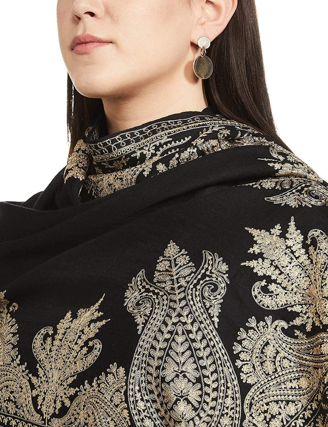Pashtush India 70x200 Pashtush Womens Fine Silk-Wool, Nalki Embroidery Needlework Stole, Black