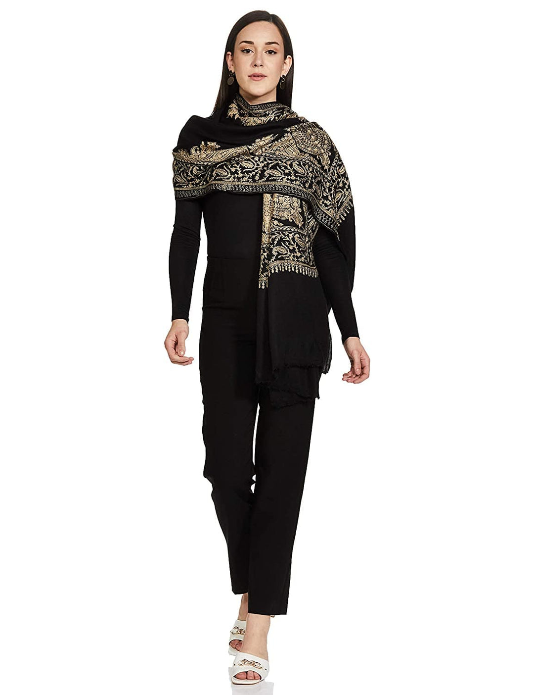 Pashtush India 70x200 Pashtush Womens Fine Silk-Wool, Nalki Embroidery Needlework Stole, Black