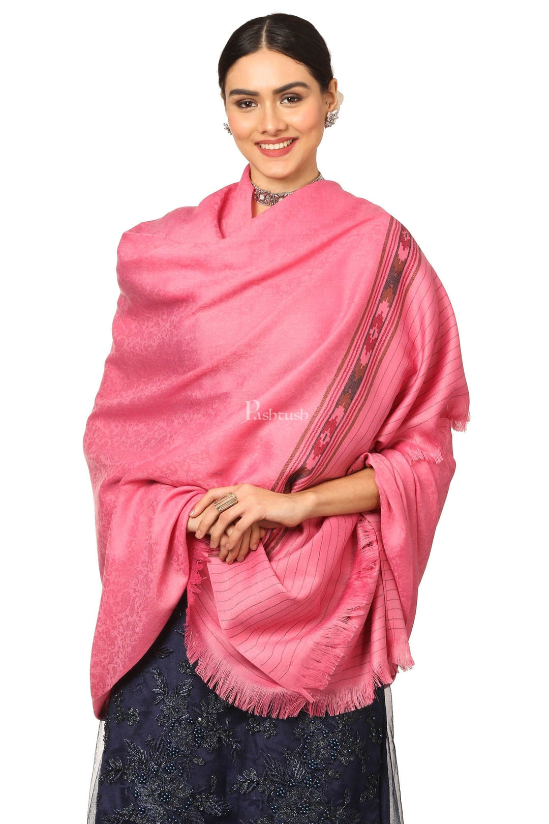 Pashtush India Womens Shawls Pashtush Womens Fine Wool Aztec Weave Shawl, Soft And Warm, Pink