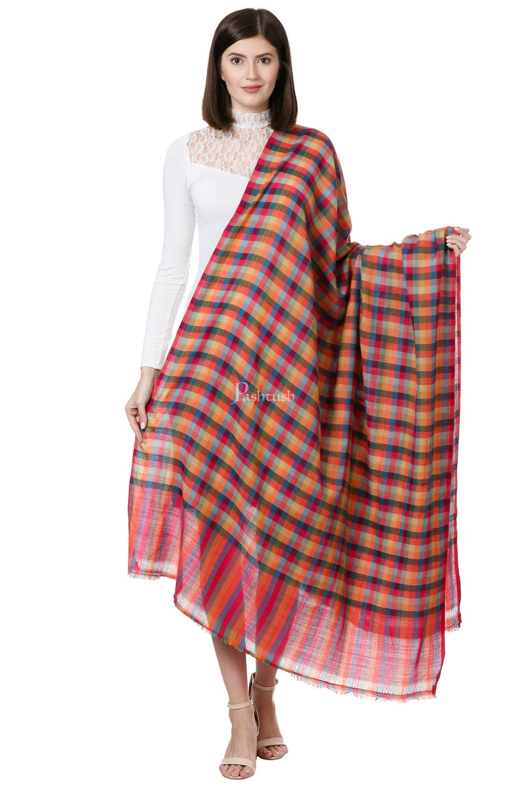 Pashtush India Womens Shawls Pashtush Womens Fine Wool Checkered Shawl, Multicoloured