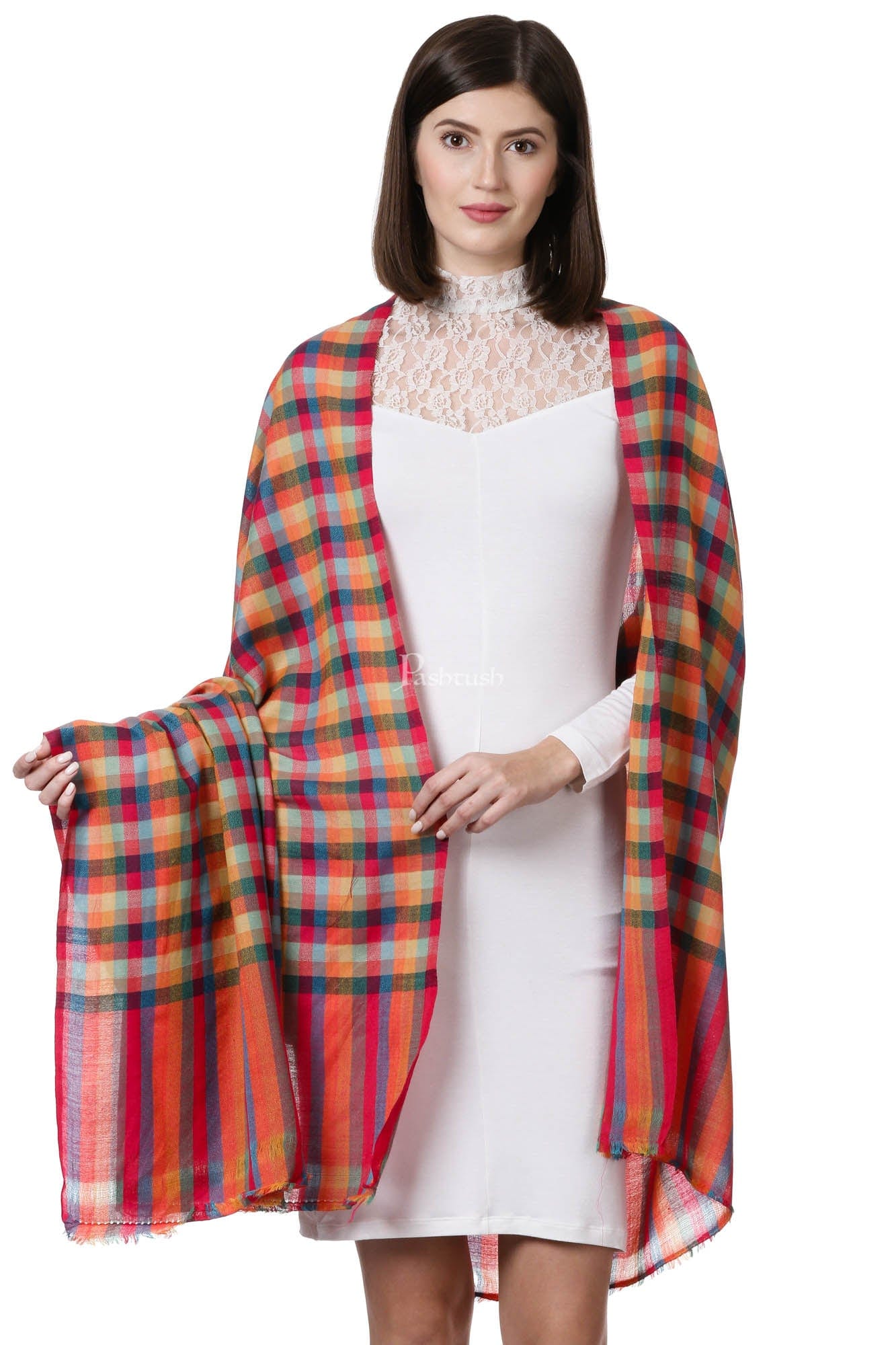 Pashtush India Womens Shawls Pashtush Womens Fine Wool Checkered Shawl, Multicoloured