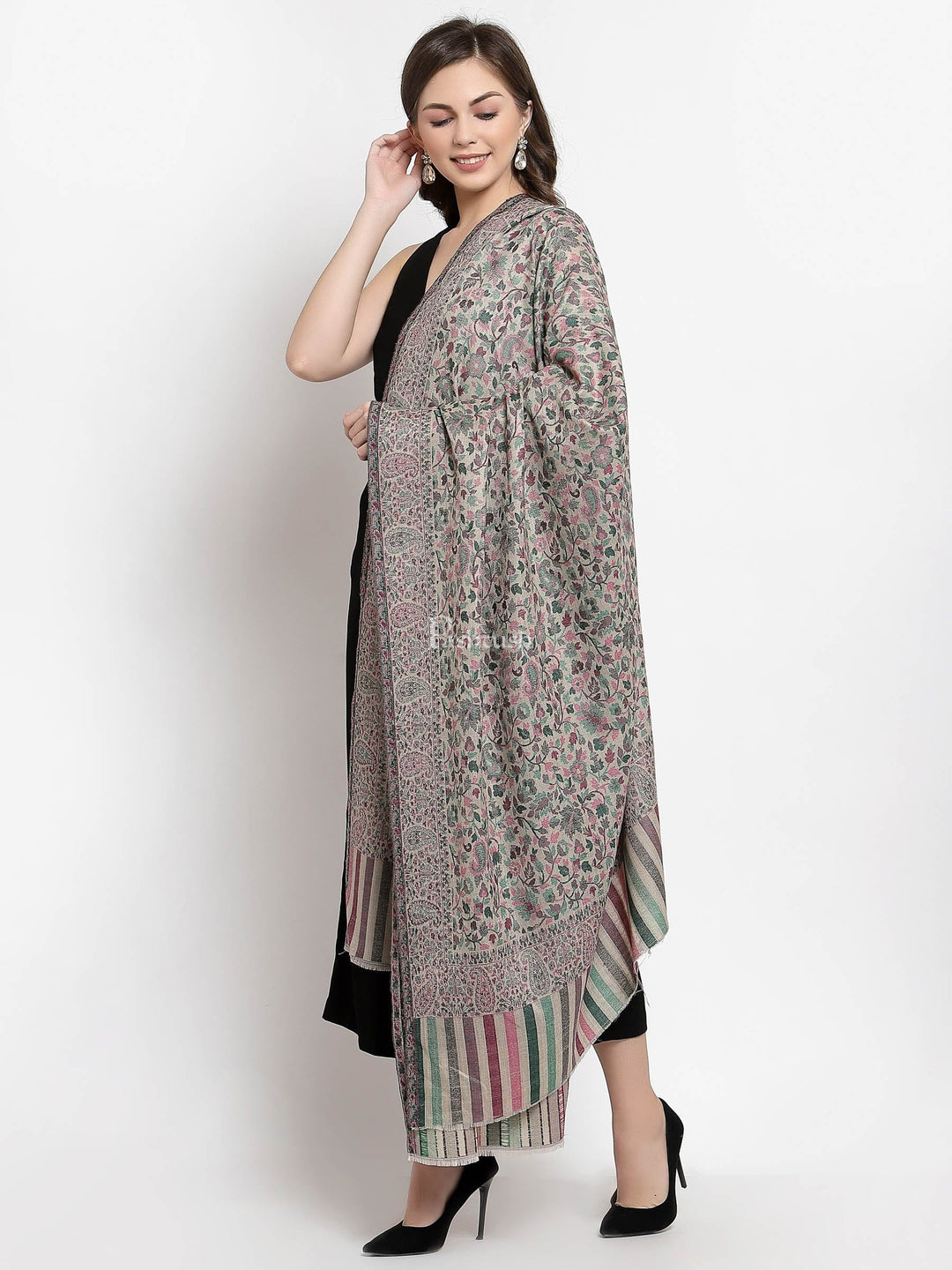 Pashtush India Womens Shawls Pashtush Womens Fine Wool Ethnic Weave Shawl, Soft And Warm, Beige