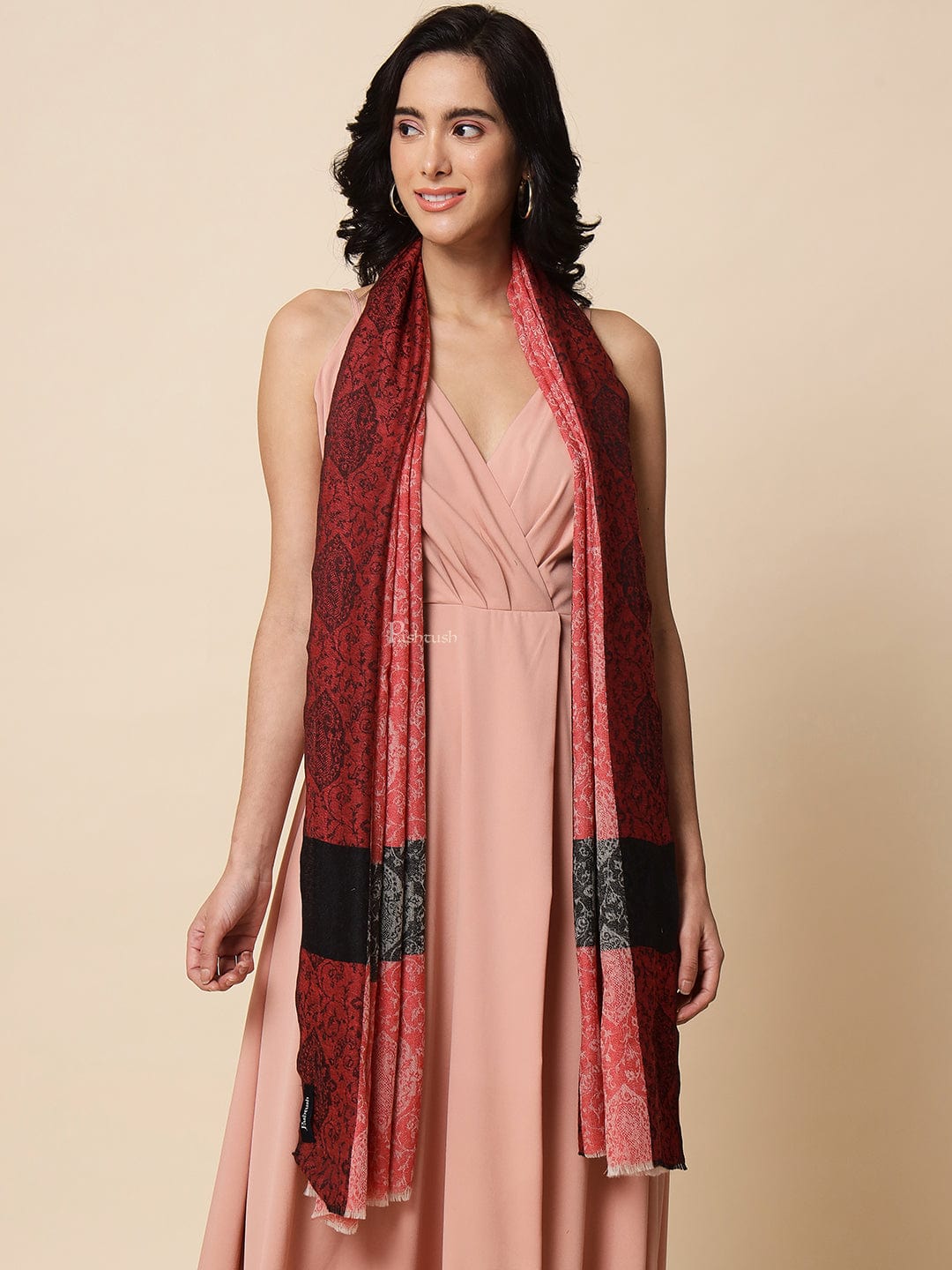 Pashtush Womens Fine Wool, Extra Soft and Warm Paisley Weave Scarf, Red and Black