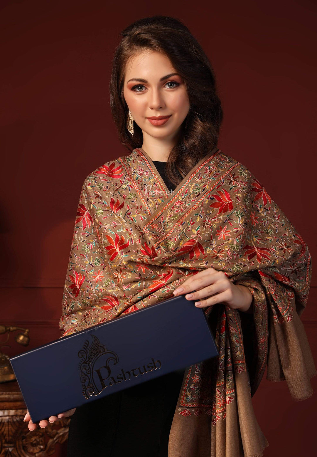 Pashtush India 100x200 Pashtush Womens Fine Wool Hand Embroidered Nalki Shawl, Taupe