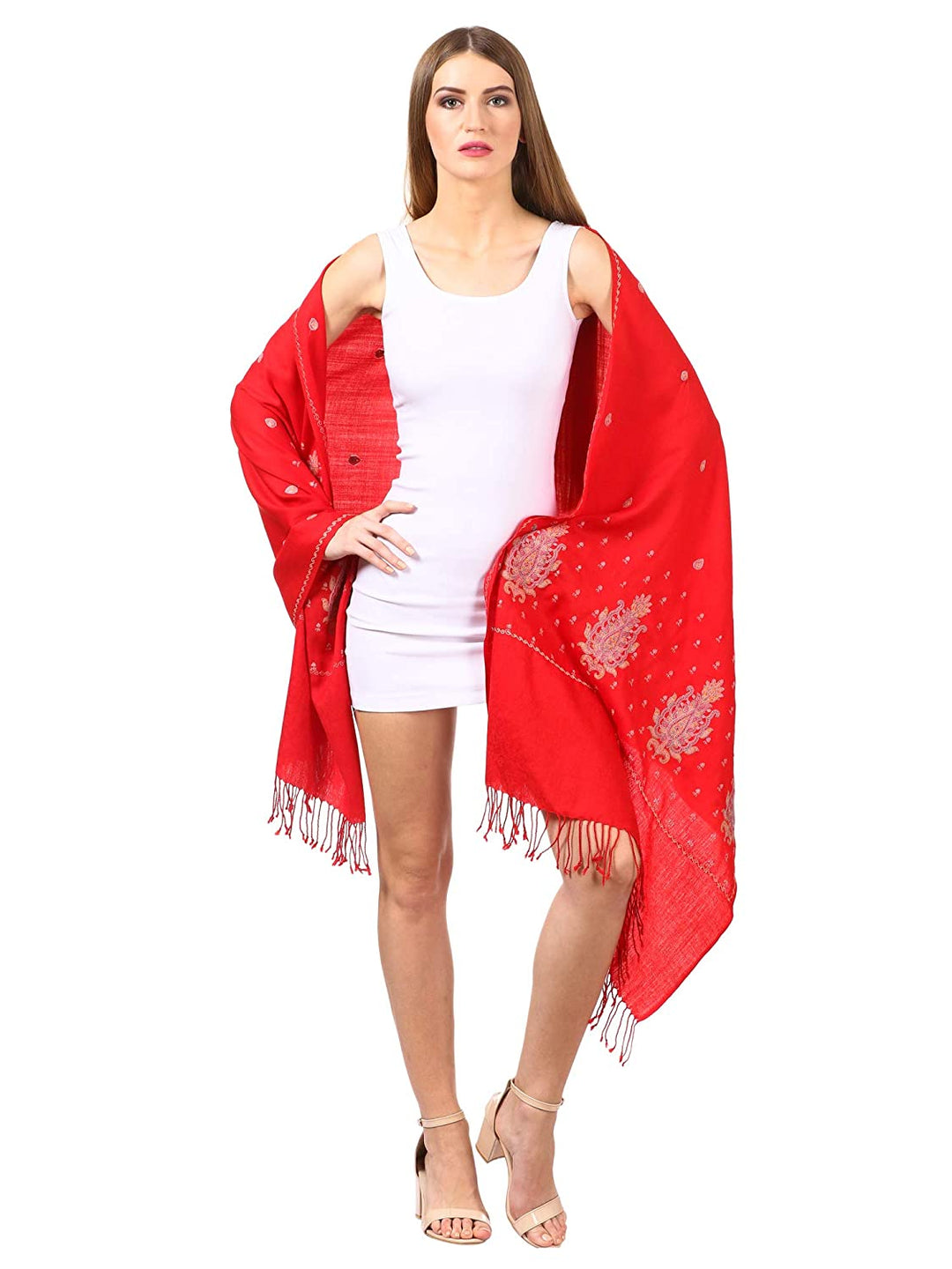 Pashtush Womens Fine Wool Embroidery Stole, Red