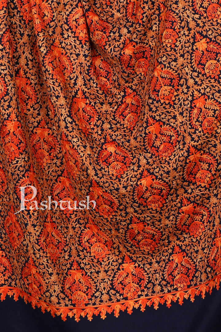 Pashtush Store Shawl Pashtush Womens Fine Wool, Kashmiri Nalki Embroidery Needlework Shawl, Navy Blue