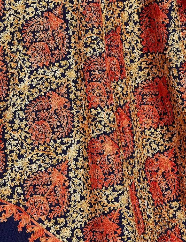 Pashtush India 70x200 Pashtush Womens Fine Wool, Kashmiri Nalki Embroidery Needlework Shawl, Navy Blue