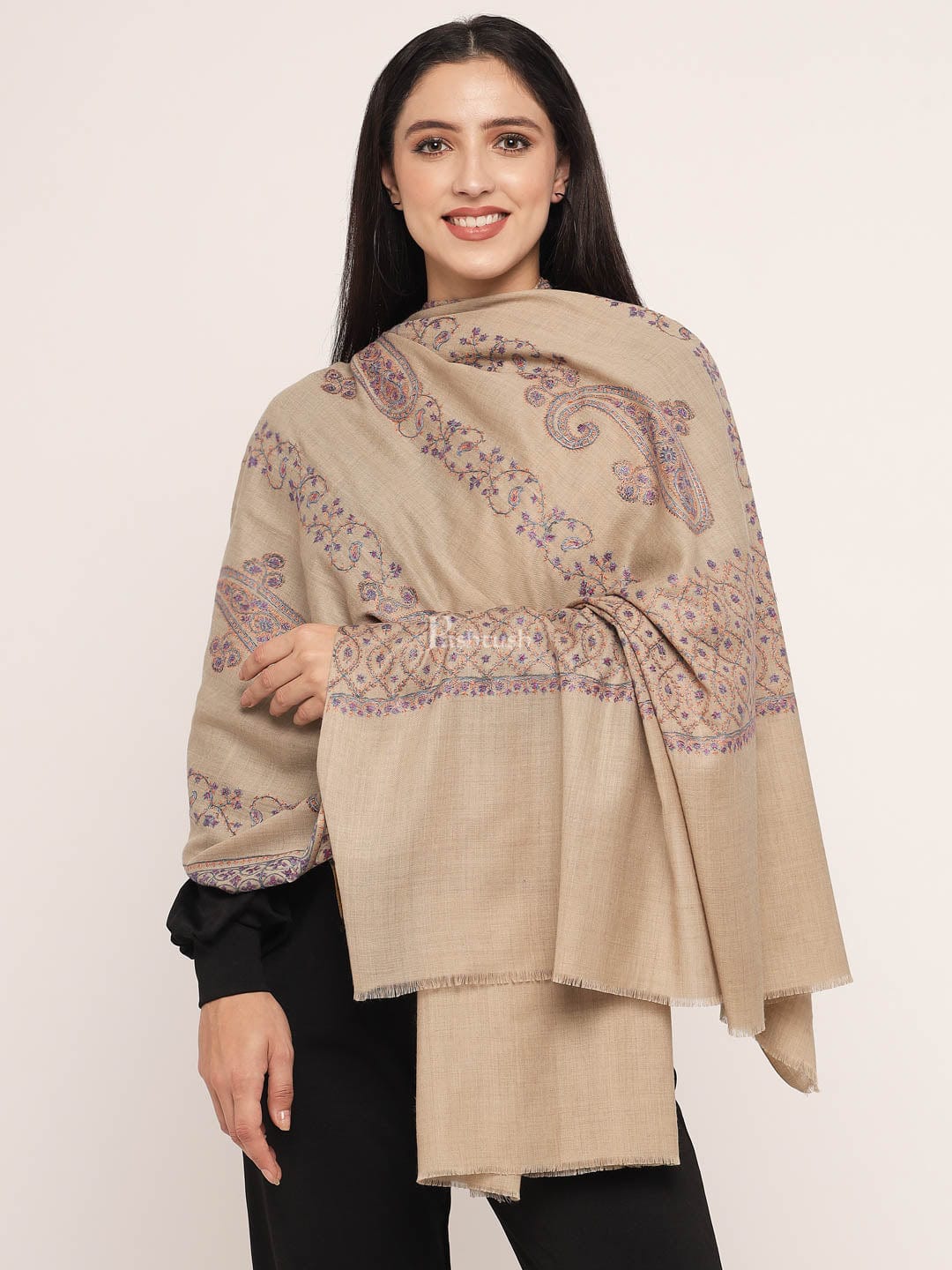 Pashtush India Womens Shawls Pashtush womens Fine Wool shawl, 100% hand embroidery design, Beige