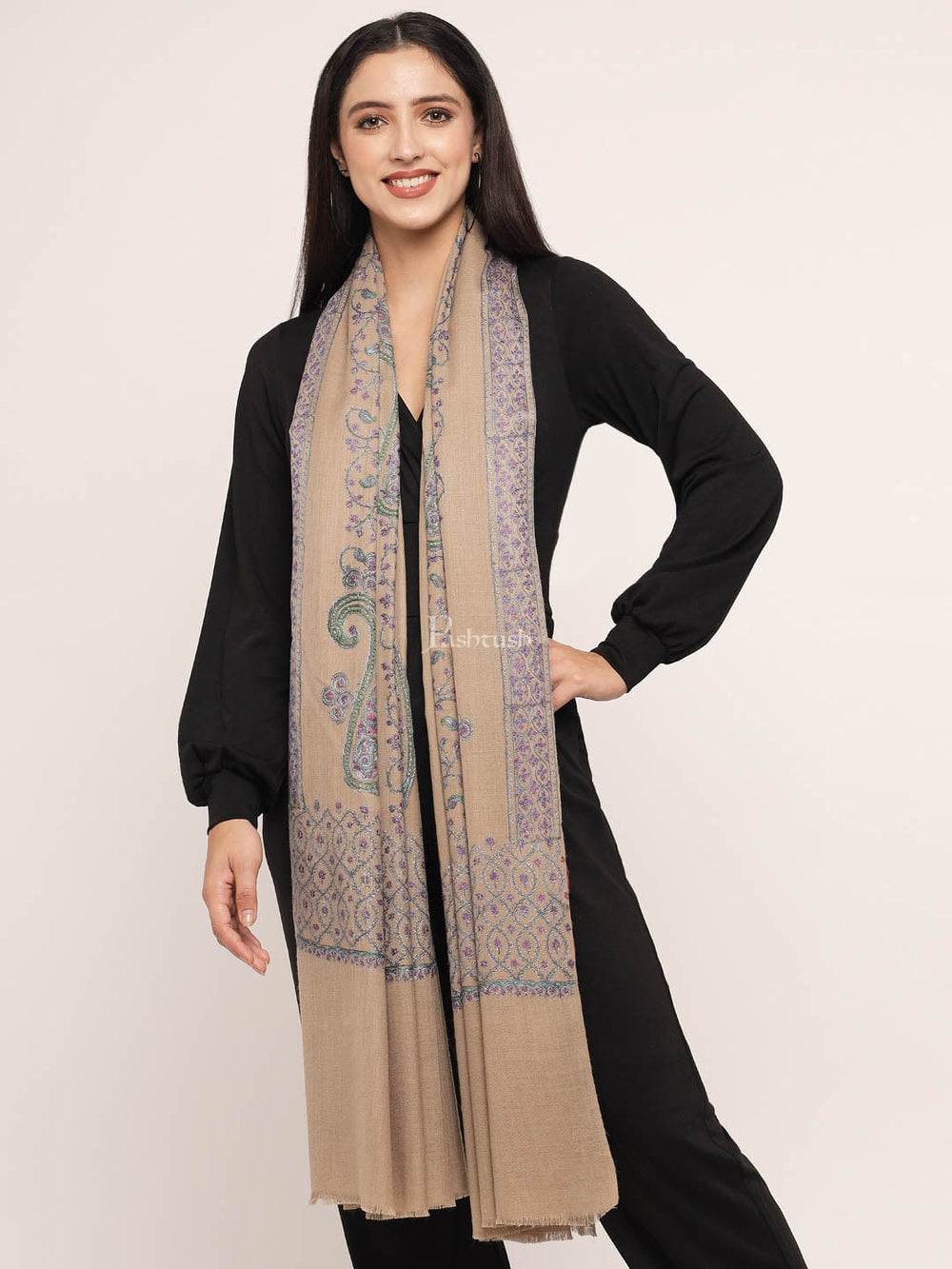 Pashtush India Womens Shawls Pashtush womens Fine Wool shawl, 100% hand embroidery design, Beige
