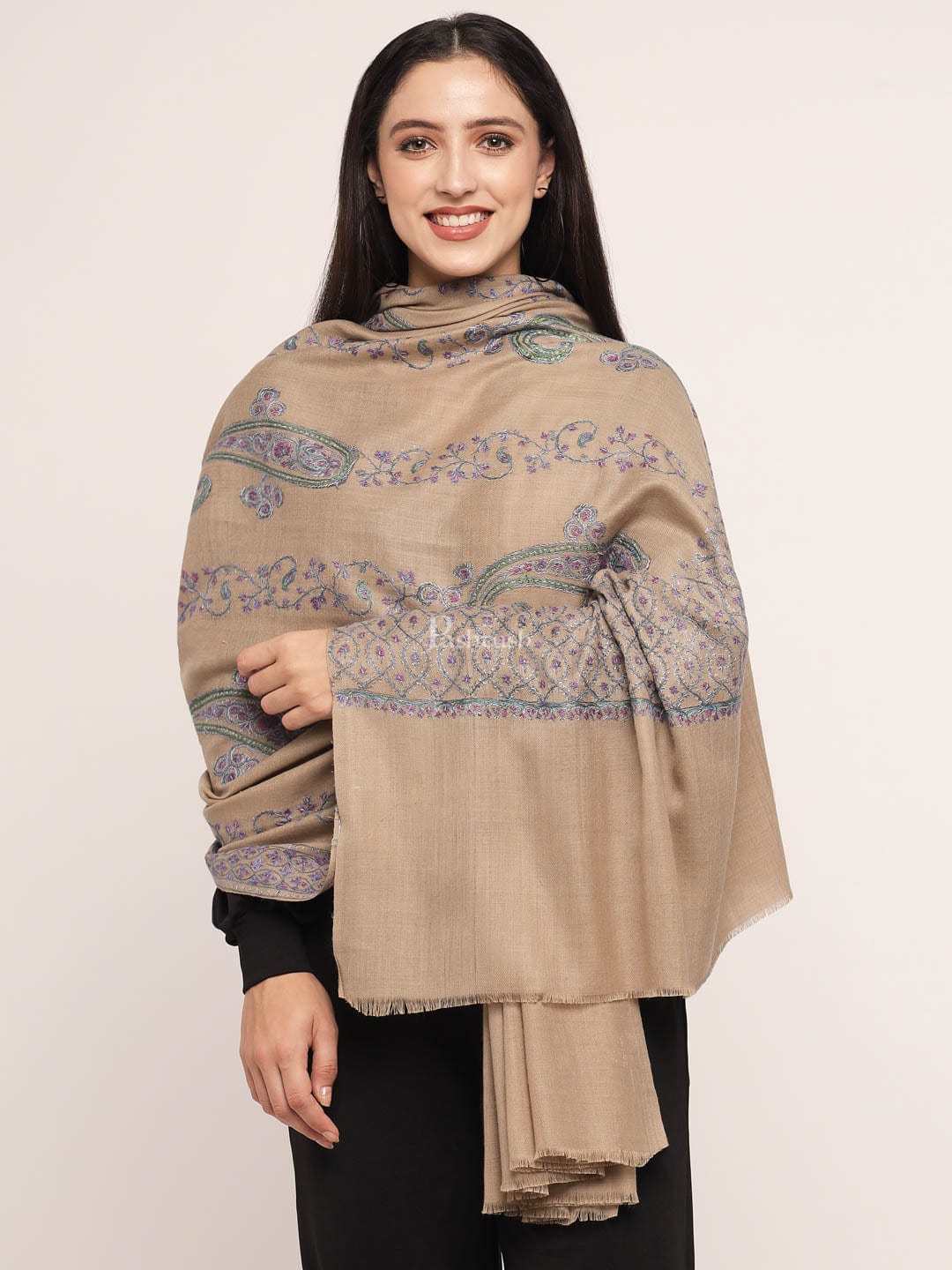 Pashtush womens Fine Wool shawl, 100% hand embroidery design, Beige