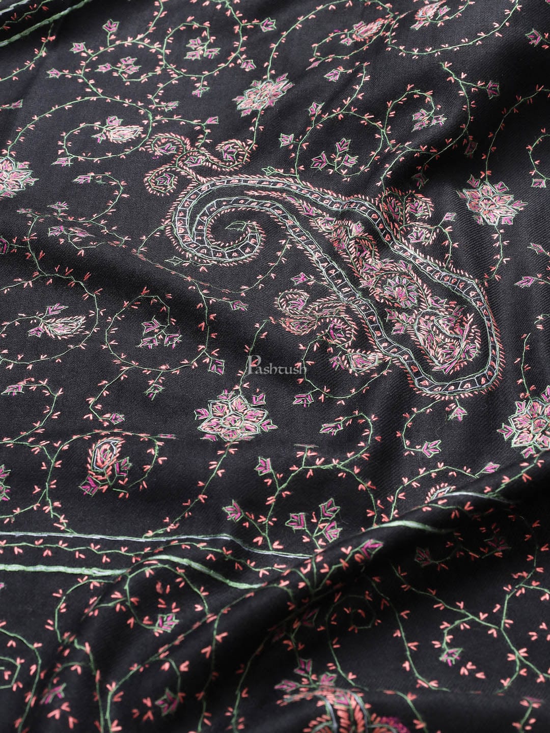 Pashtush India Womens Shawls Pashtush womens Fine Wool shawl, 100% hand embroidery  design, Black