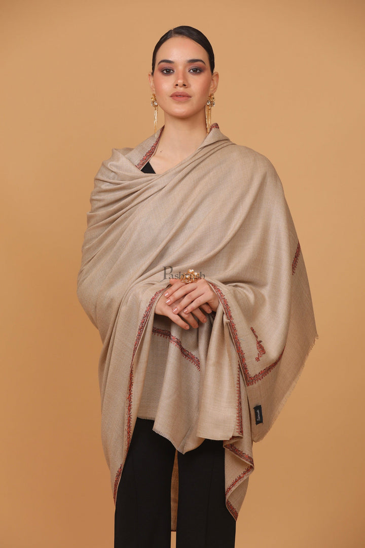 Pashtush India Womens Stoles and Scarves Scarf Pashtush womens Fine Wool shawl, 100% HAND EMBROIDERY KINGRI design, Taupe