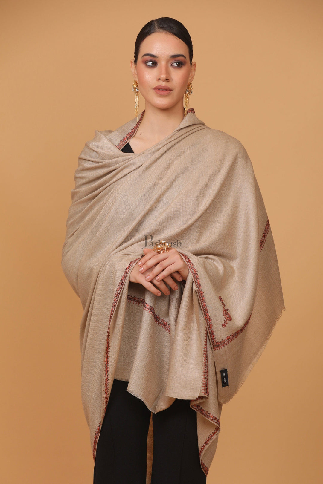Pashtush Womens Fine Wool Shawl, 100% Hand Embroidery Kingri