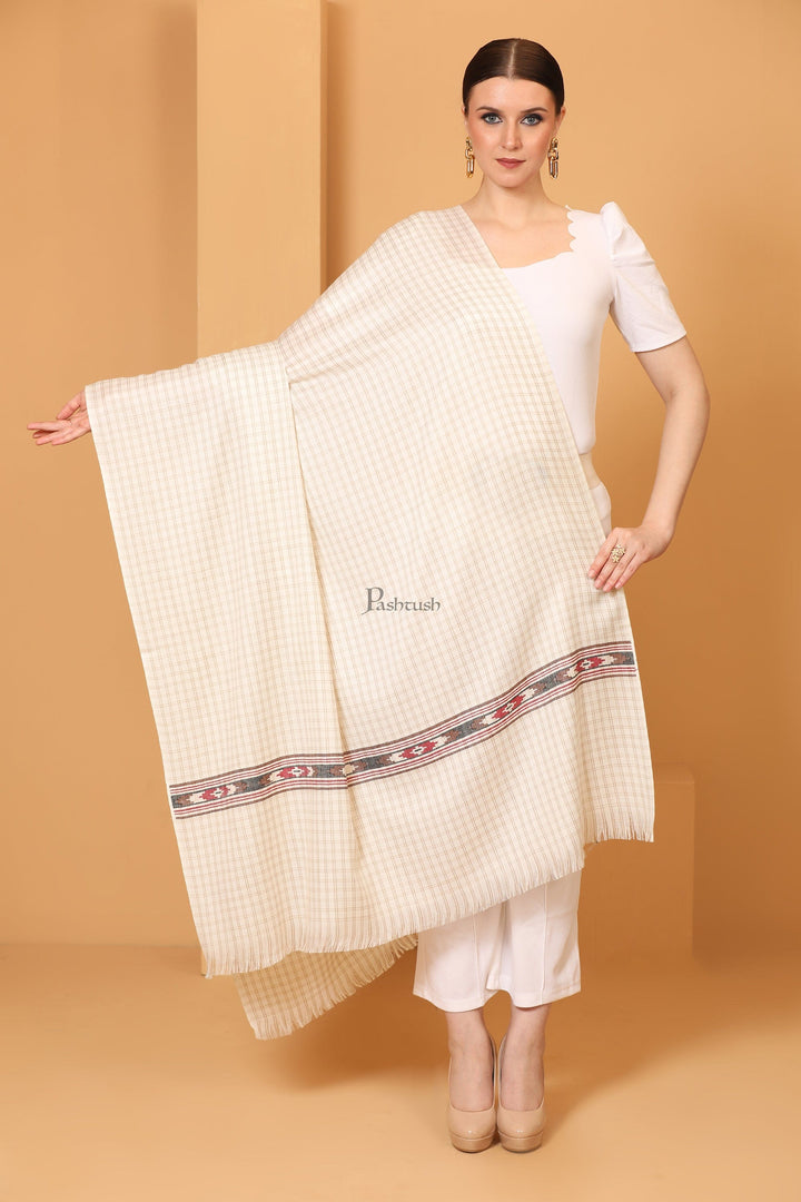 Pashtush India Womens Shawls Pashtush Womens Fine Wool Shawl, Aztec Weave, Woven Design, Ivory