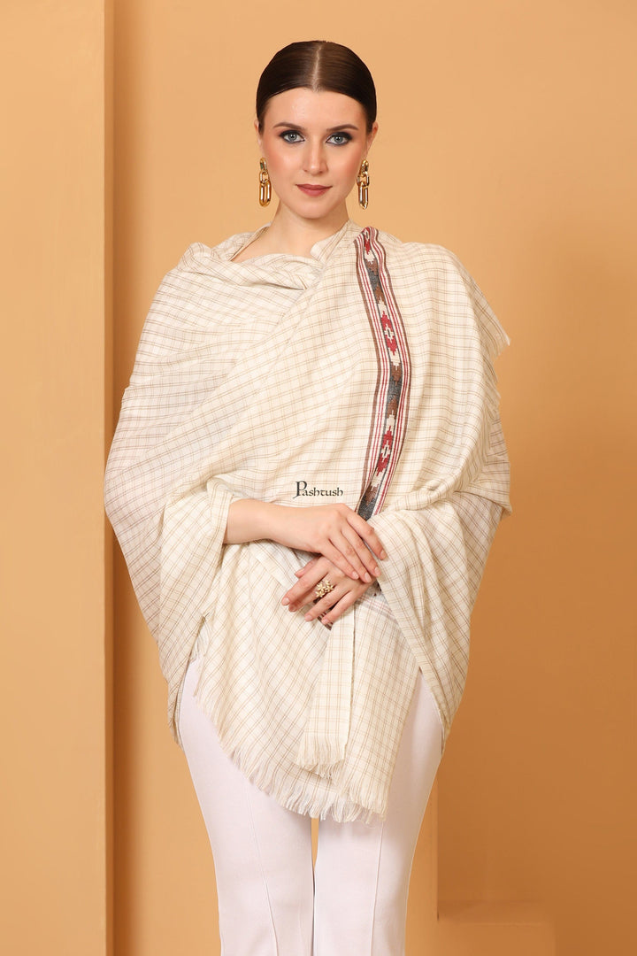 Pashtush India Womens Shawls Pashtush Womens Fine Wool Shawl, Aztec Weave, Woven Design, Ivory