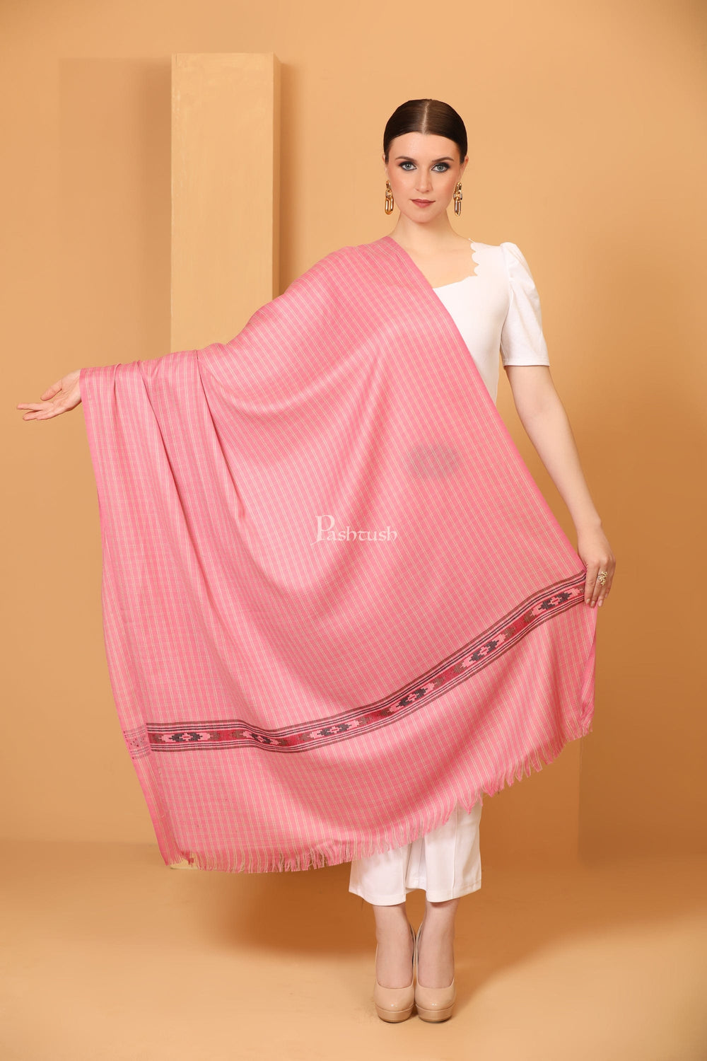 Pashtush India Womens Shawls Pashtush Womens Fine Wool Shawl, Aztec Weave, Woven Design, Peruvian Pink