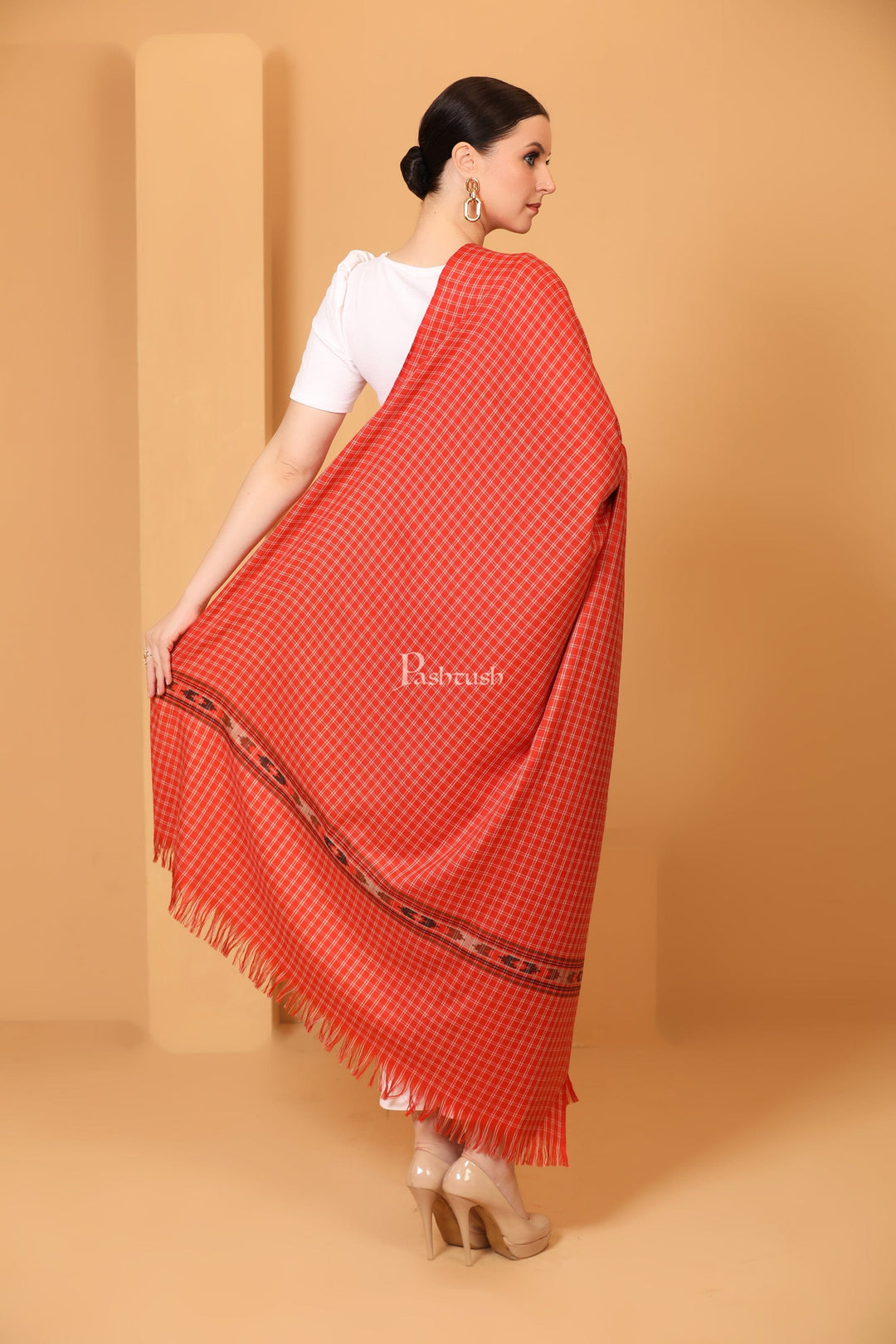 Pashtush India Womens Shawls Pashtush Womens Fine Wool Shawl, Aztec Weave, Woven Design, Scarlet Red