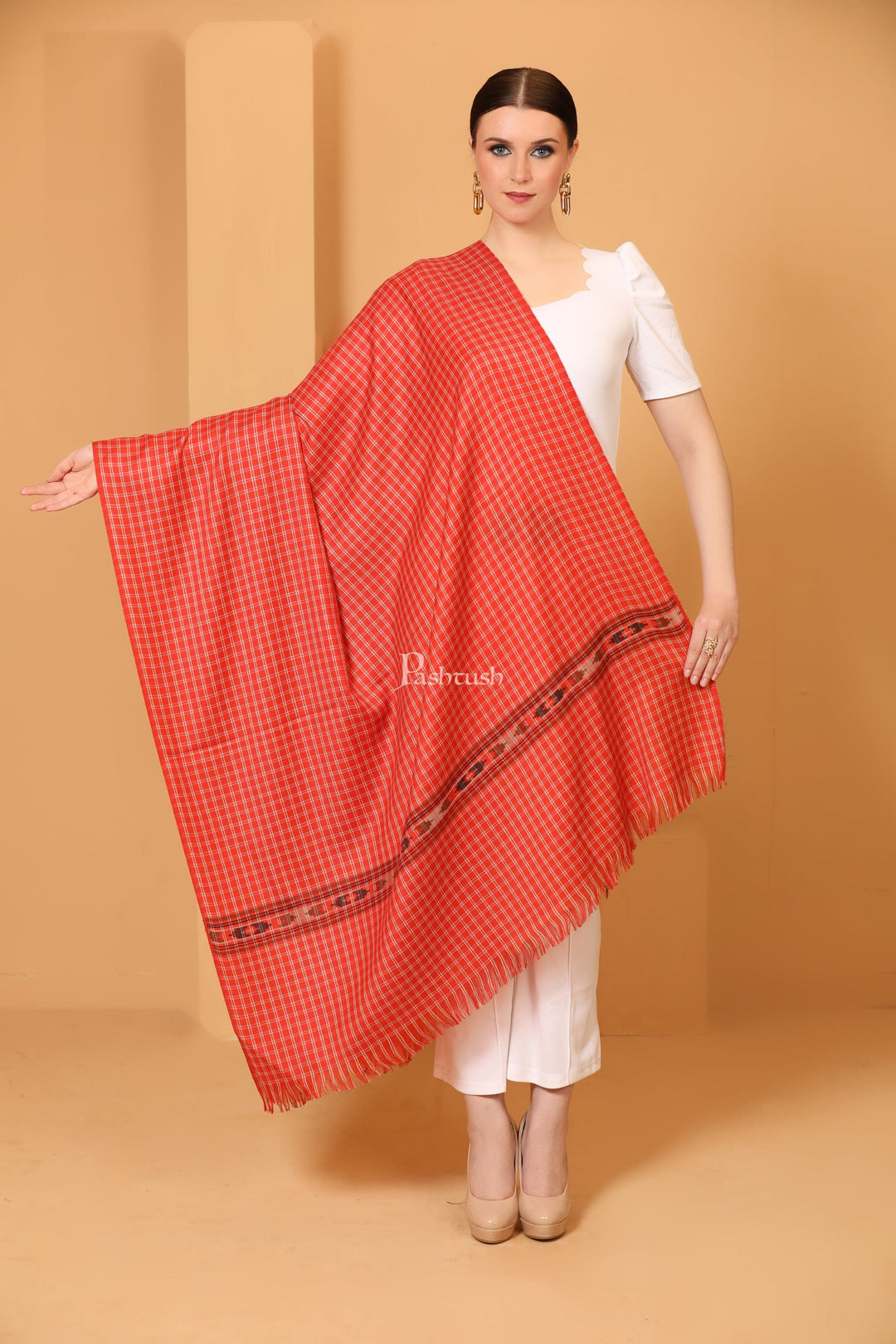 Pashtush India Womens Shawls Pashtush Womens Fine Wool Shawl, Aztec Weave, Woven Design, Scarlet Red