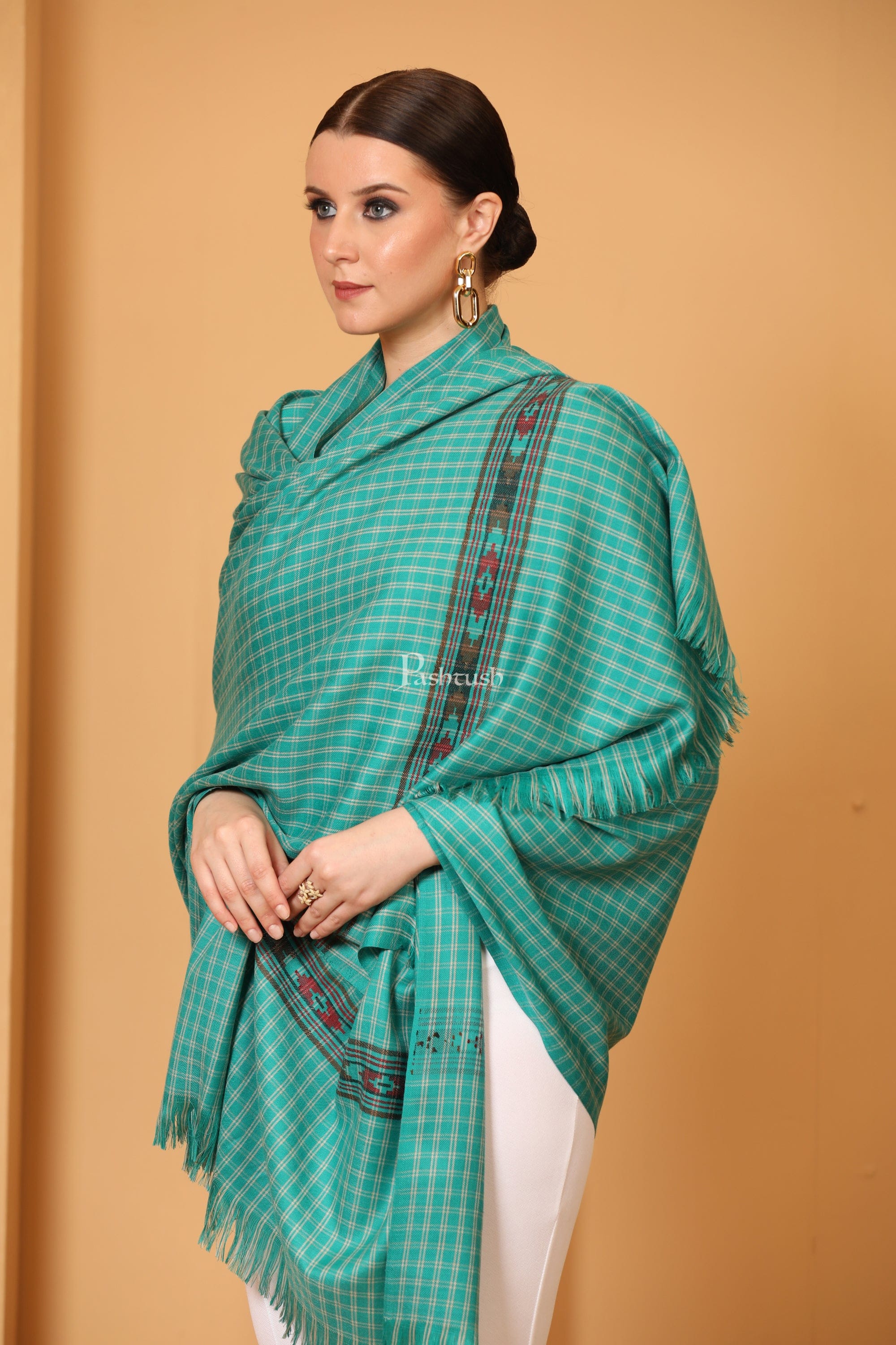 pashtush pashmina pashtush womens fine wool shawl aztec weave woven design sea green 31621034541110