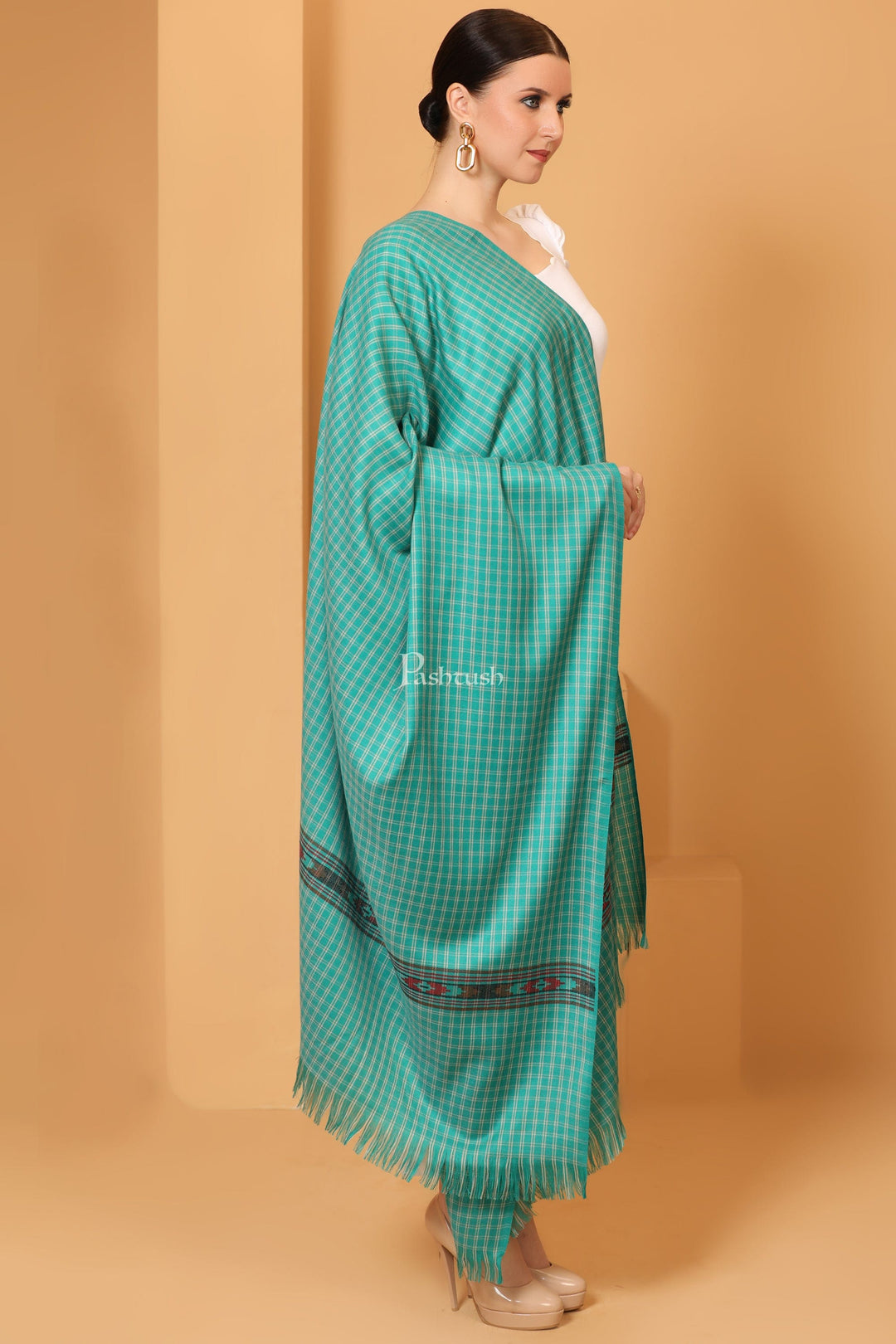 Pashtush India Womens Shawls Pashtush Womens Fine Wool Shawl, Aztec Weave, Woven Design, Sea Green