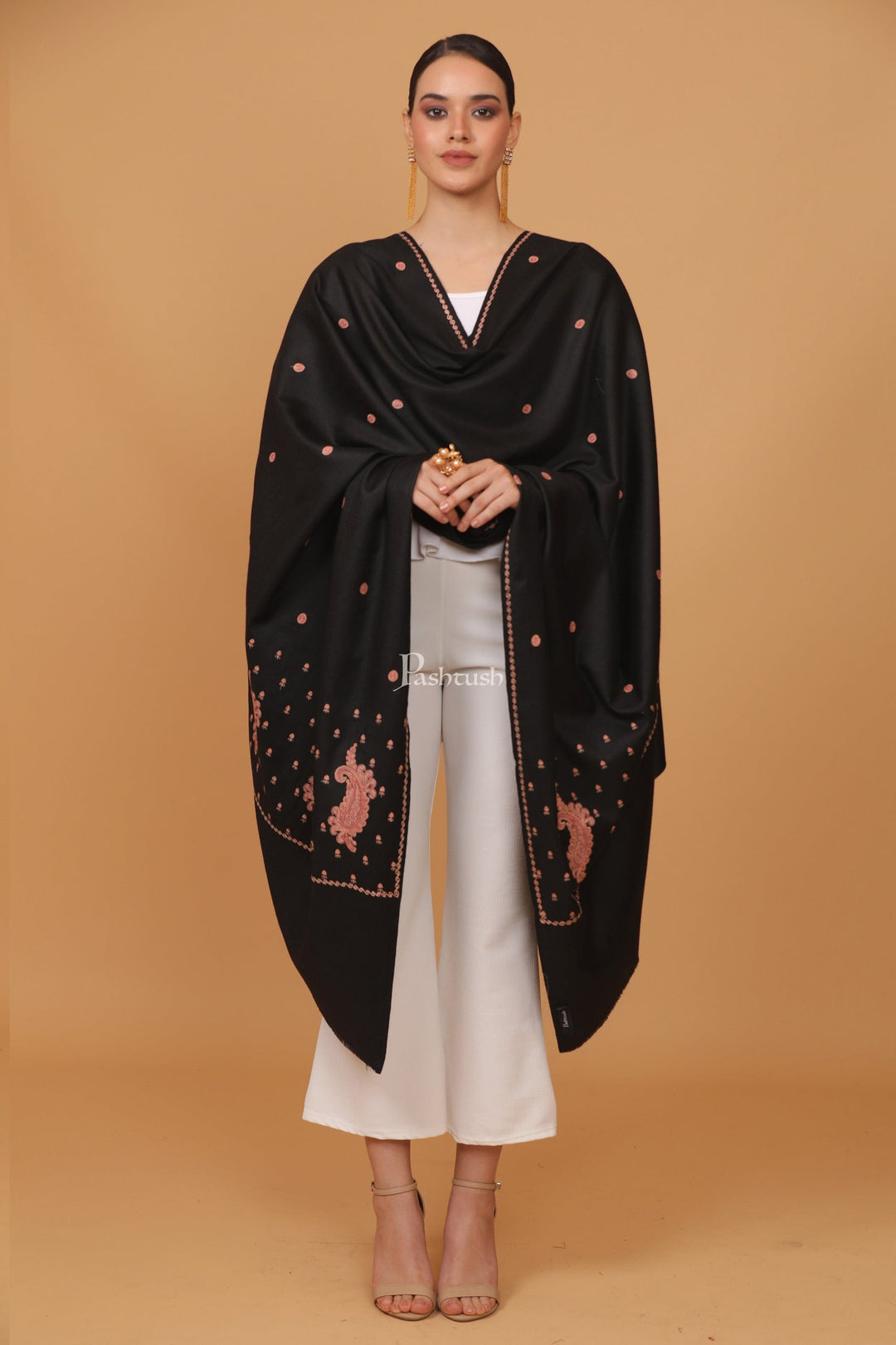 Pashtush India Womens Stoles and Scarves Scarf Pashtush womens Fine Wool shawl, booti embroidery design, Black