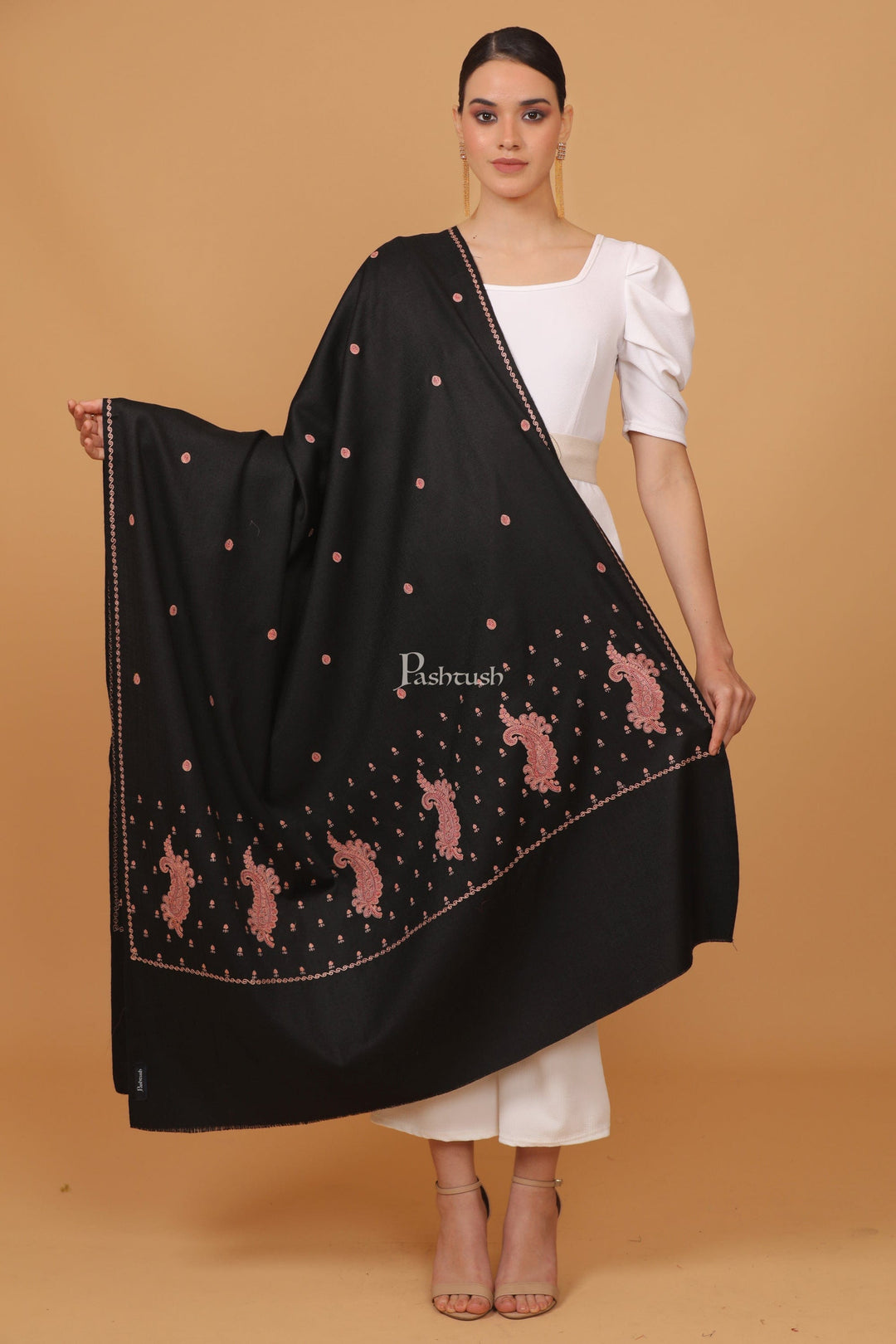 Pashtush India Womens Stoles and Scarves Scarf Pashtush womens Fine Wool shawl, booti embroidery design, Black