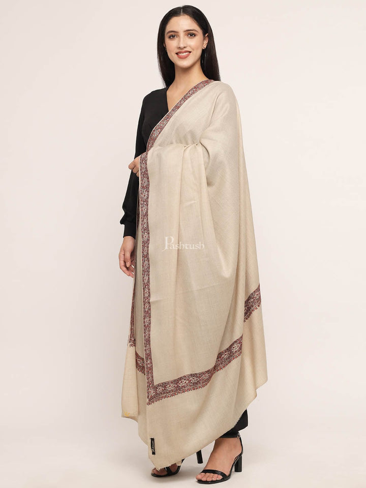 Pashtush India Womens Shawls Pashtush womens Fine Wool shawl, border hand embroidary design, Beige