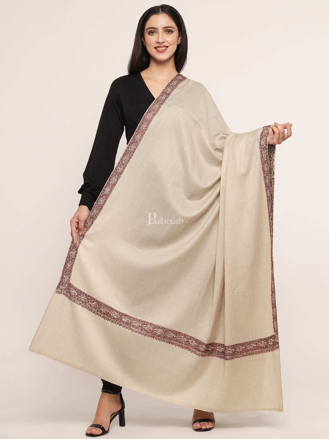 Pashtush India Womens Shawls Pashtush womens Fine Wool shawl, border hand embroidary design, Beige