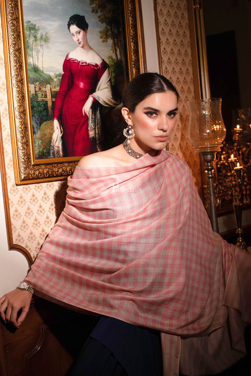 Pashtush India Womens Shawls Pashtush womens Fine Wool Shawl, Check design, Pink