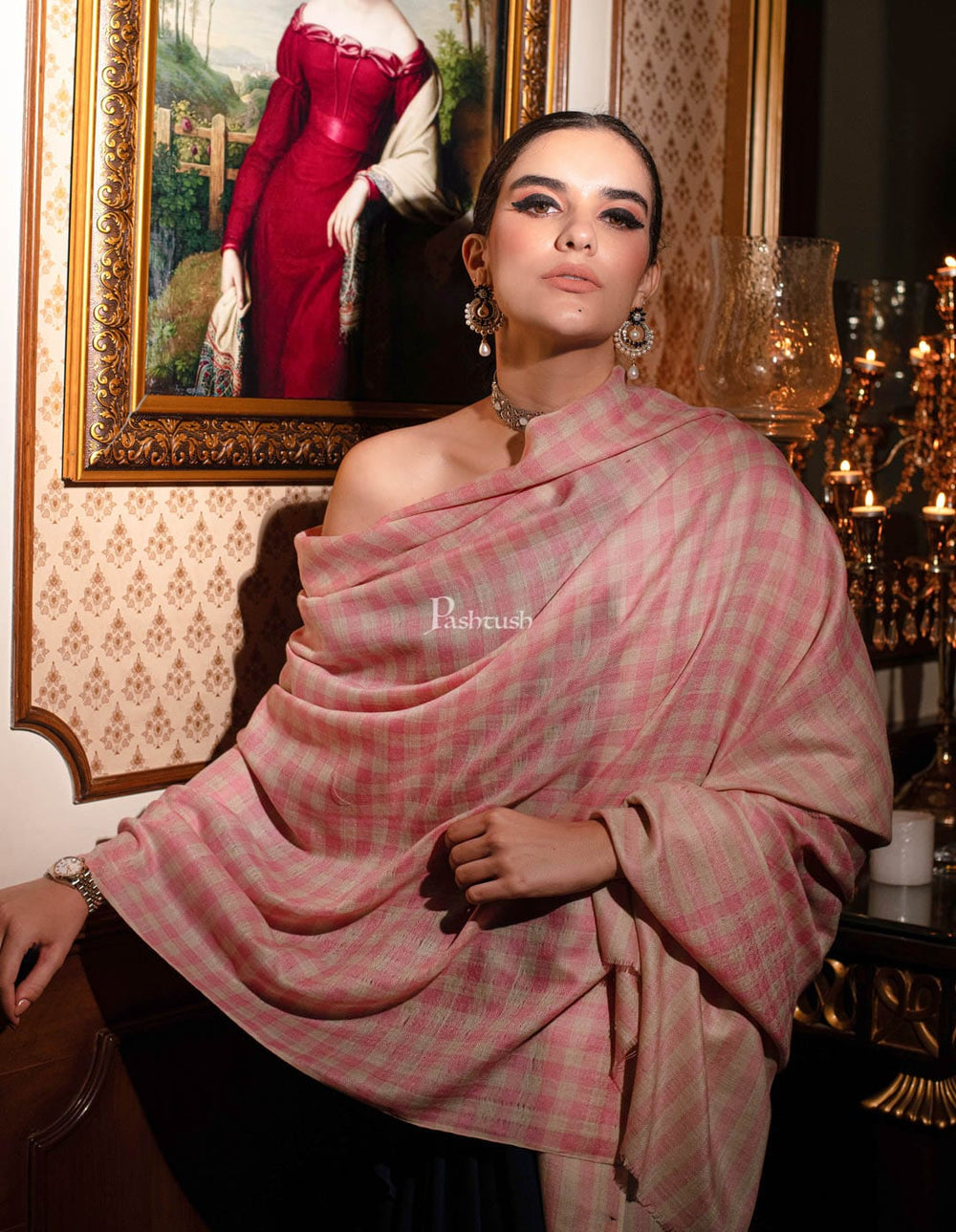 Pashtush India Womens Shawls Pashtush womens Fine Wool Shawl, Check design, Pink