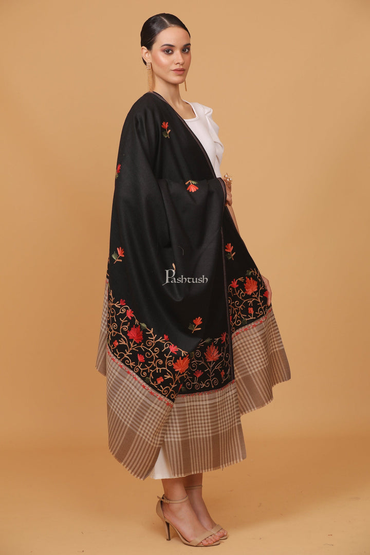 Pashtush India Womens Stoles and Scarves Scarf Pashtush womens Fine Wool shawl, contrast chess palla design, Black