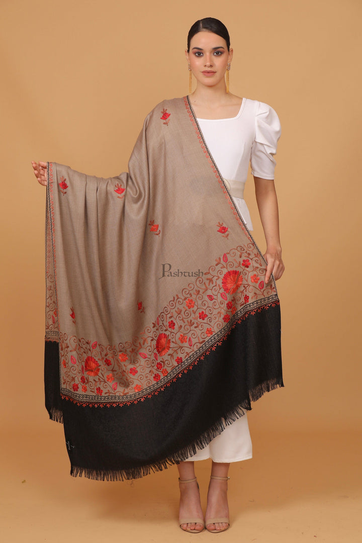 Pashtush India Womens Stoles and Scarves Scarf Pashtush womens Fine Wool shawl, contrast palla design, Taupe