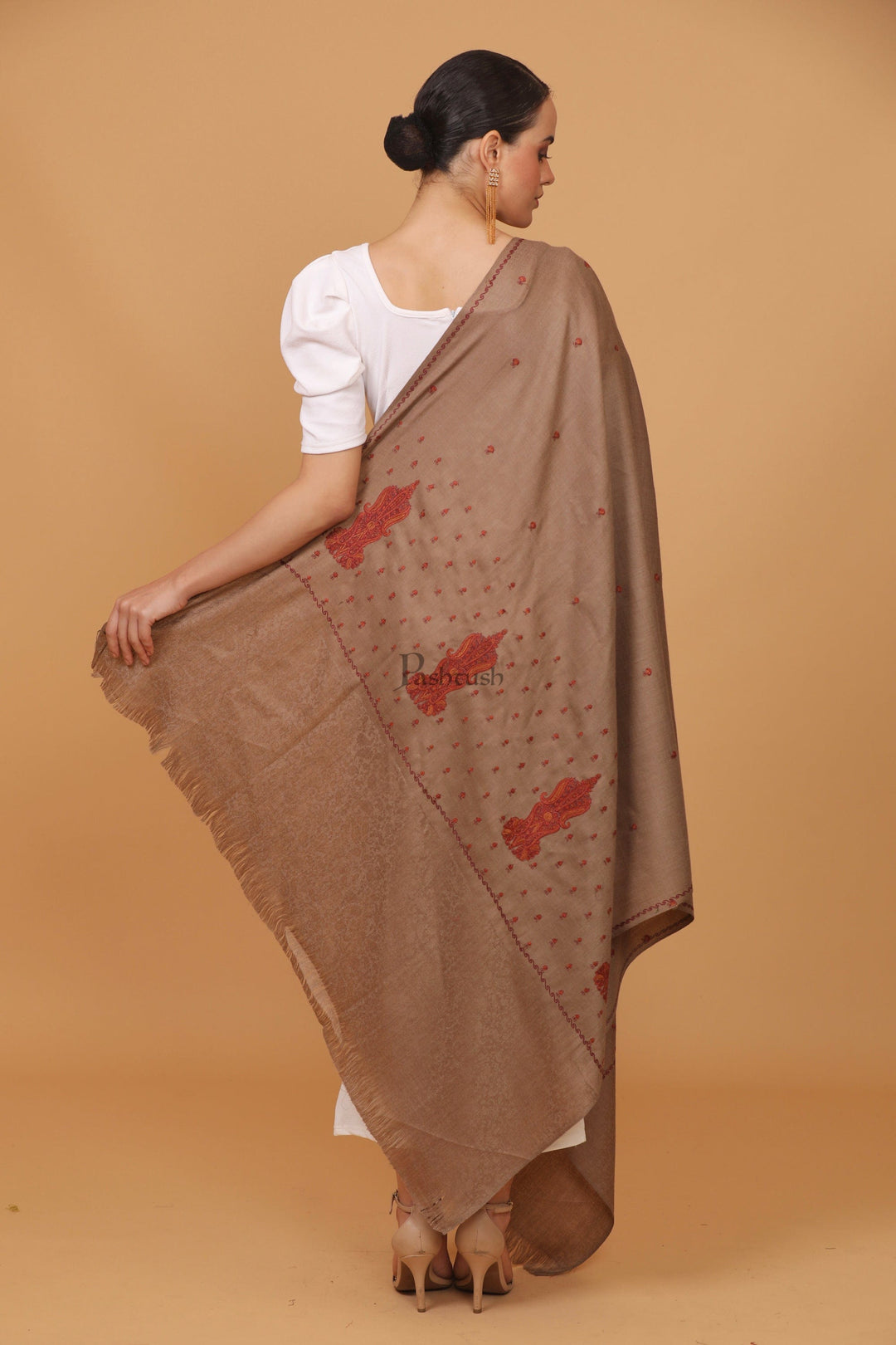 Pashtush India Womens Stoles and Scarves Scarf Pashtush womens Fine Wool shawl, embroidery shawl Paisley self palla design, Taupe