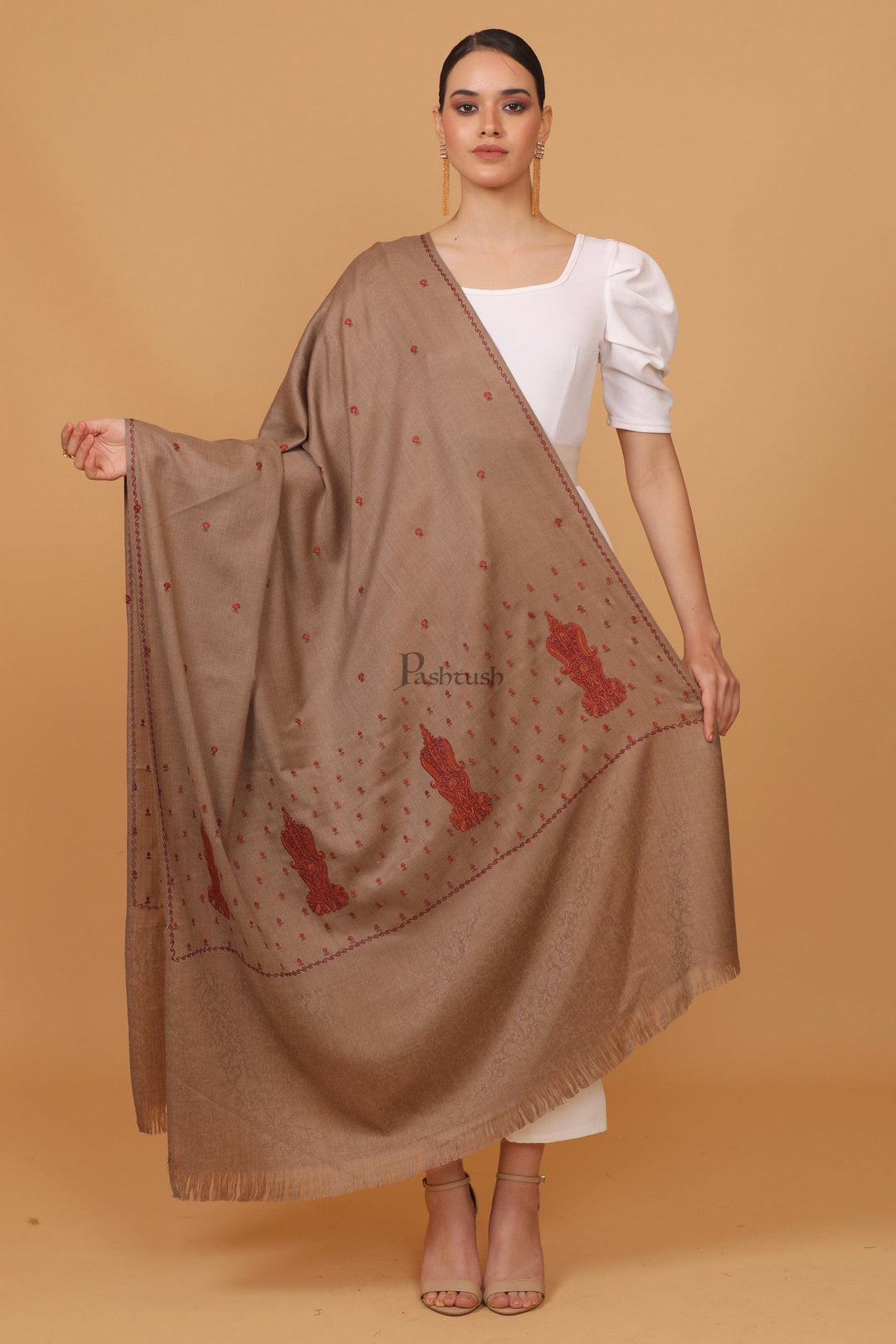 Pashtush India Womens Stoles and Scarves Scarf Pashtush womens Fine Wool shawl, embroidery shawl Paisley self palla design, Taupe